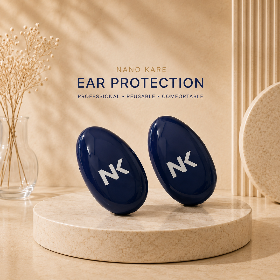 Nano Kare professional ear protectors, pair of glossy navy salon ear covers with NK logo